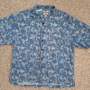 Three Palm Men's Hawaiian Shirt XL Blue Floral Silk Boho Aloha Tiki‎ Cali